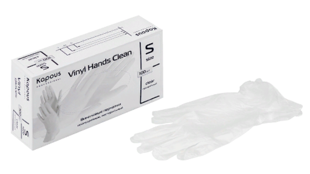 Kapous Professional Перчатки виниловые Vinyl Hands Clean, неопудренные, нестерильные, Прозрачный, S, 100 шт