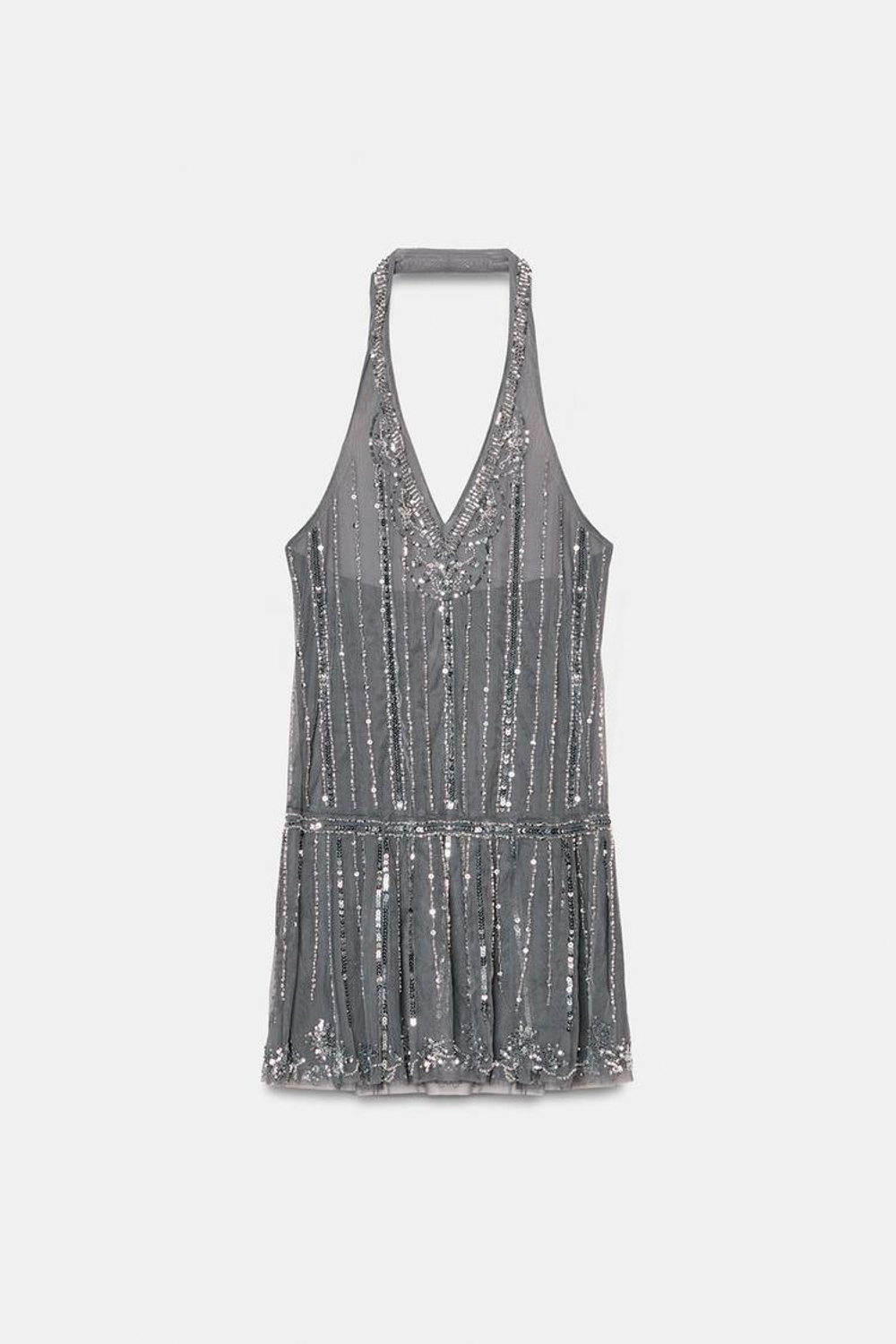 ZARA МИНИ-ПЛАТЬЕ ХАЛТЕР С ПАЙЕТКАМИ, ТЕМНО-СЕРЫЙ