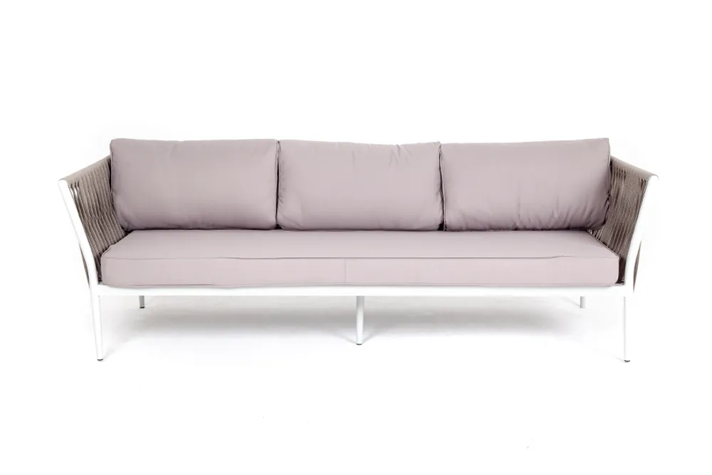 "Касабланка" диван 3-местный плетеный из роупа, каркас алюминий белый муар, роуп бежевый 20мм, ткань бежевая 052