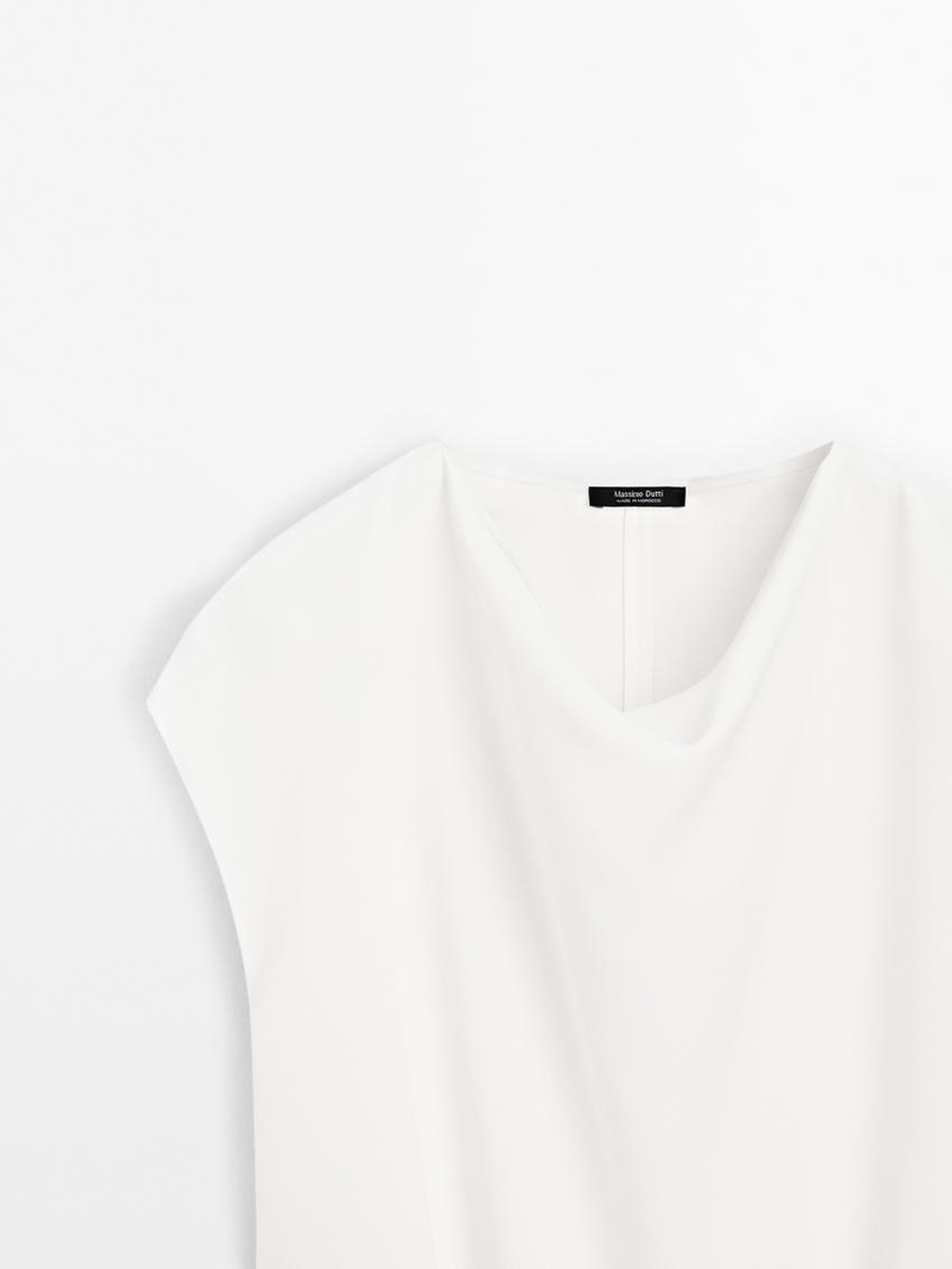 Massimo Dutti Топ из крепа с драпированным вырезом, натуральный, кремовый