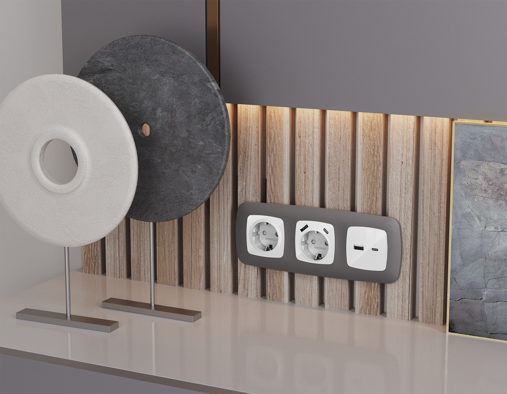 MO110010 Комплект механизма электрической розетки OMEGA Белый глянец 2USB A+C 20W (быстрая зарядка) с/з QUANT (OP1100, VM160)