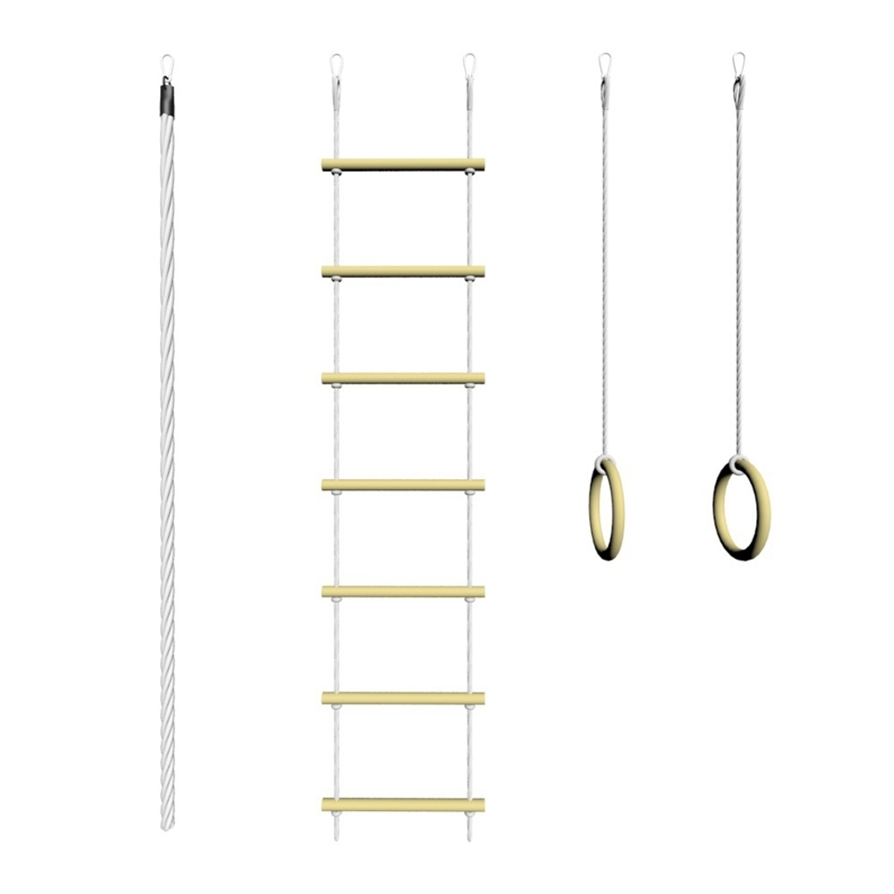 Комплект: Канат х/б с крепежом, Кольца гимнастические деревянные, Лестница веревочная с деревянными ступенями (10 шт)