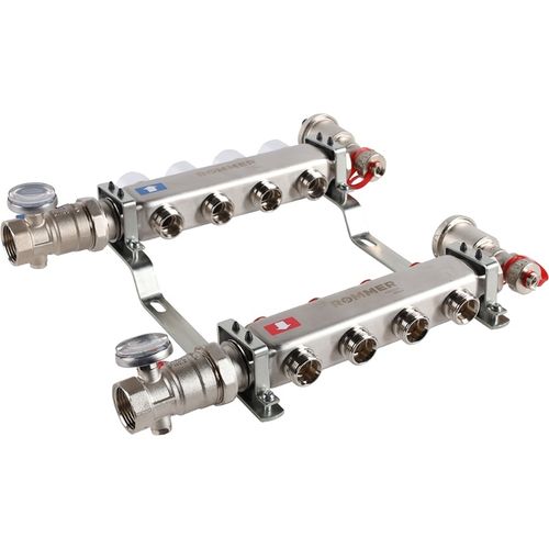 Коллектор Rommer 1"x3/4" на 4 контура с запорными клапанами в сборе (нерж. сталь) RMS-3210-000004