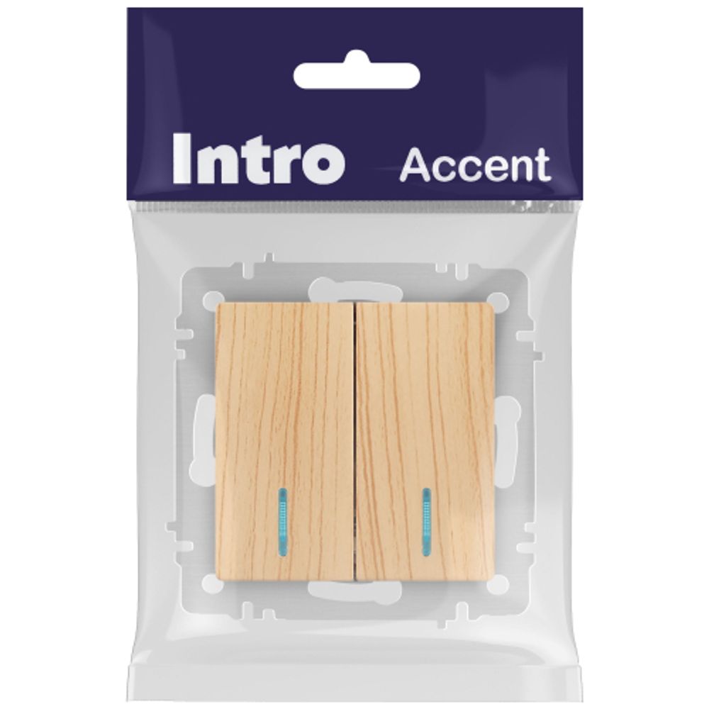 Выключатель Intro Accent 6-105-11 двойной с подсветкой, 10А-250В, IP20, СУ, AL/CU, сосна