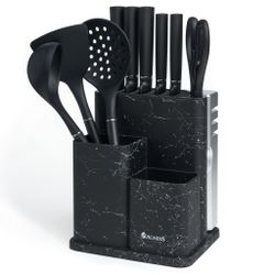 НАБОР AGNESS ИЗ 11ПР:5 НОЖЕЙ,ПОЛОВНИК,ЛОПАТКА,ШУМОВКА,ПОДСТАВКА,НОЖЕТОЧКА,НОЖНИЦЫ,ЧЕРНЫЙ МРАМОР/СЕРЫ