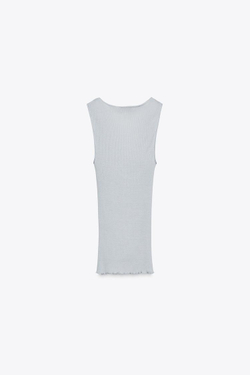 ZARA ФУТБОЛКА В РУБЧИК С КРУЖЕВОМ, СЕРО-СИНИЙ