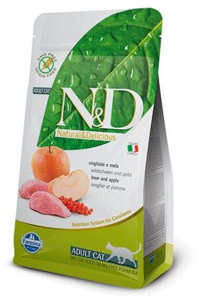 Сухой беззерновой корм N&D для взрослых кошек с мясом дикого кабана и яблоком 1,5кг