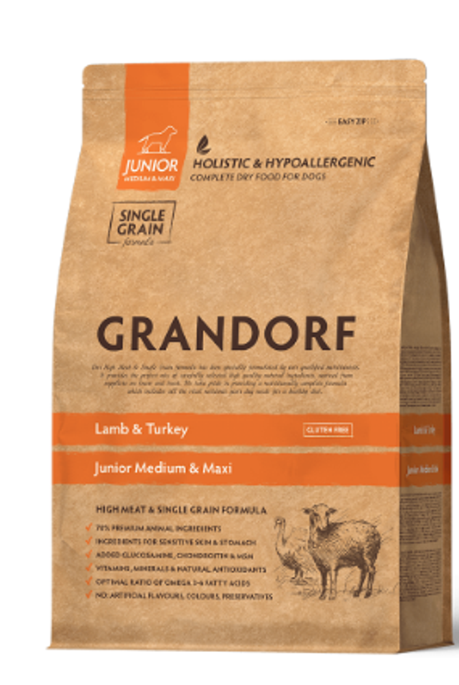Grandorf 3кг Lamb &amp; Turkey Junior Medium &amp; Maxi Holistic для щенков средних и крупных пород от 4 месяцев, беременных и кормящих сук, ягненок с индейкой