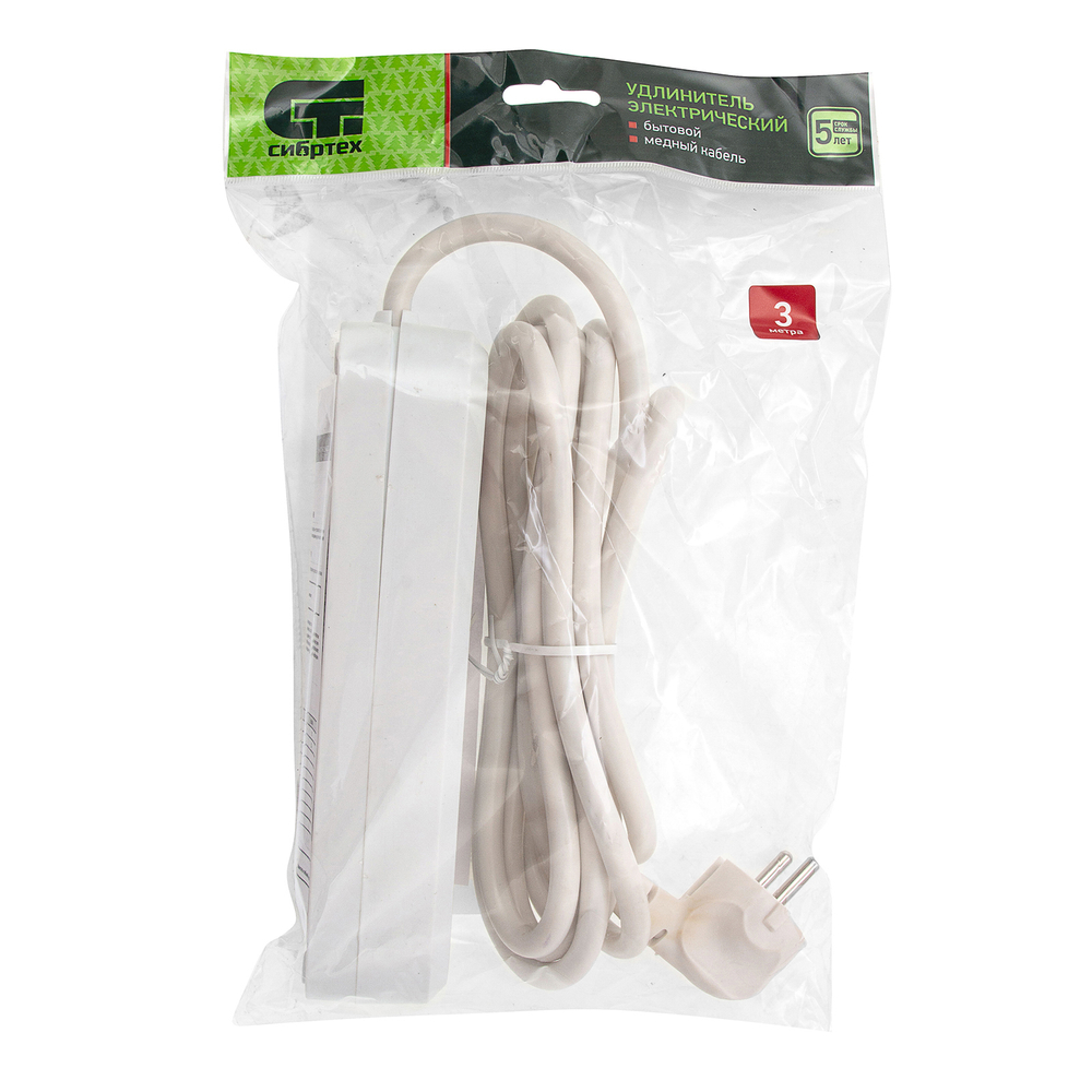 Удлинитель бытовой 3 м, 10A, тип УХз10, с заземлением и выключателем, 3 розетки, Сибртех