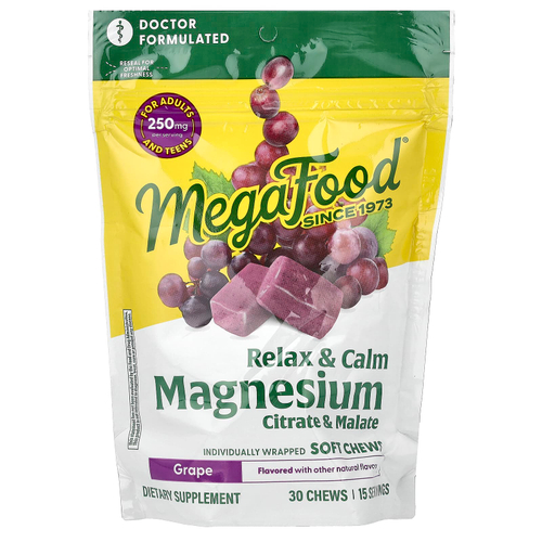 MegaFood, магний, цитрат и малат, виноград, 30 жевательных таблеток в индивидуальной упаковке (125 мг в 1 шт.)