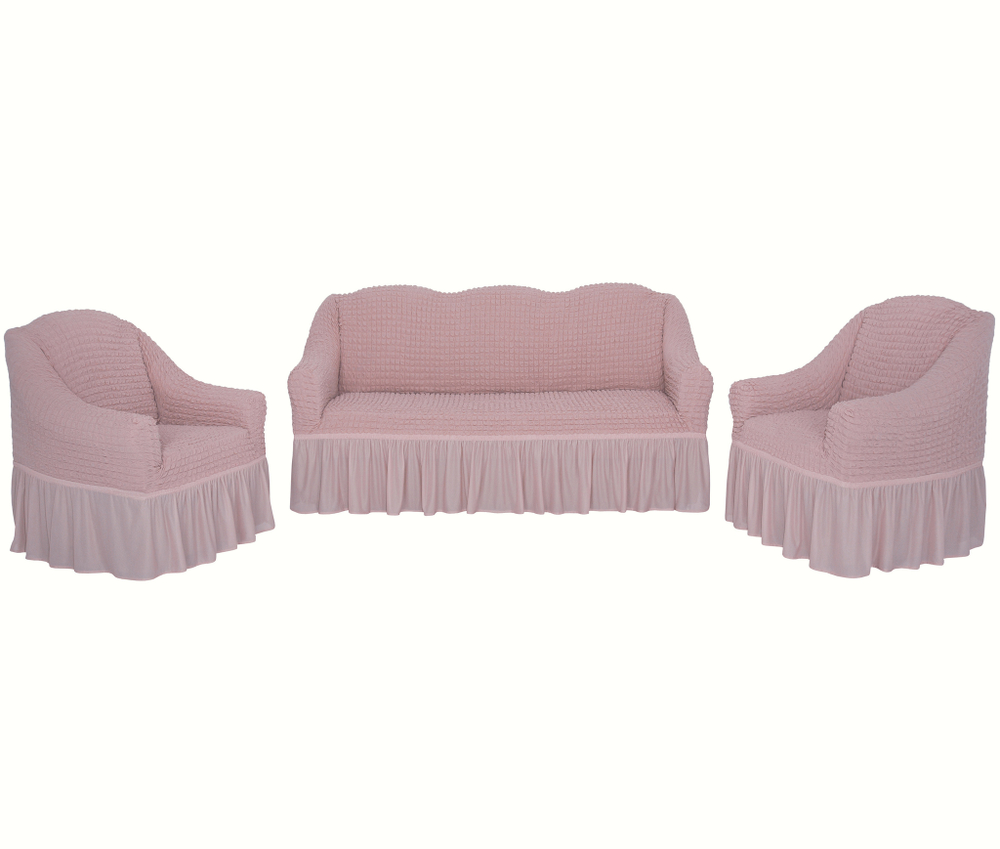 Комплект чехлов на трехместный диван и кресла с оборкой, цвет Пудра