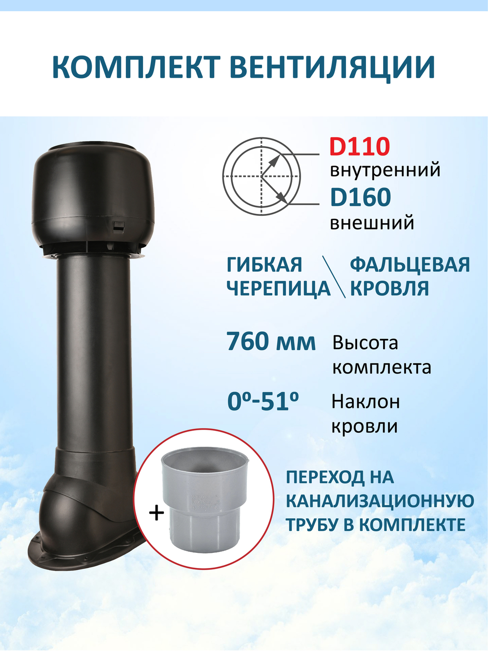 Колпак D160, вент. выход утепленный высотой H-700 с переходом D110, для скатной кровли