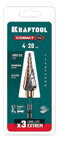 Сверло ступенчатое 9 ступеней, азотирование, винтовая спираль, KRAFTOOL COBALT 4-20мм, 29691-4-20-9
