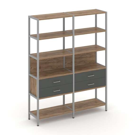 Shelf System Двухсекционный стеллаж пятиярусный с ящиками SN.STM-522 Дуб Табак/Антрацит/Металл Серый