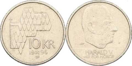 Норвегия 10 крон, 1995-2012 Король Харальд V XF
