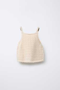 ZARA ТРИКОТАЖНЫЙ ТОП С БУСИНАМИ, ЭКРЮ