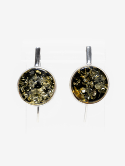 Серебряные серьги с цельным зеленым янтарем (17 мм), серебро 925 пробы