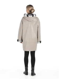 Женское пальто из натуральной кожи  с капюшоном двустороннее