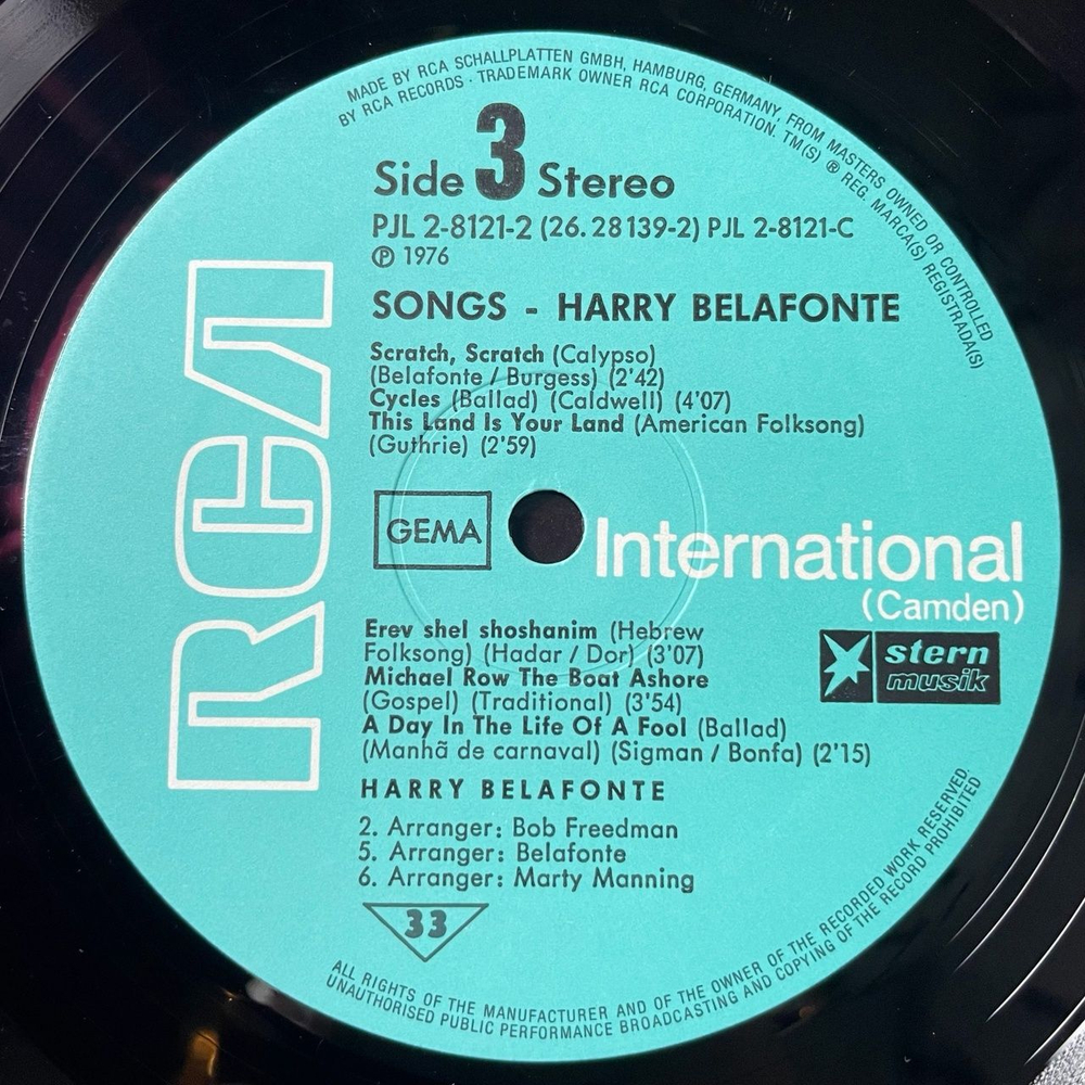 Винтажная виниловая пластинка LP Harry Belafonte Songs (Germany 1976)