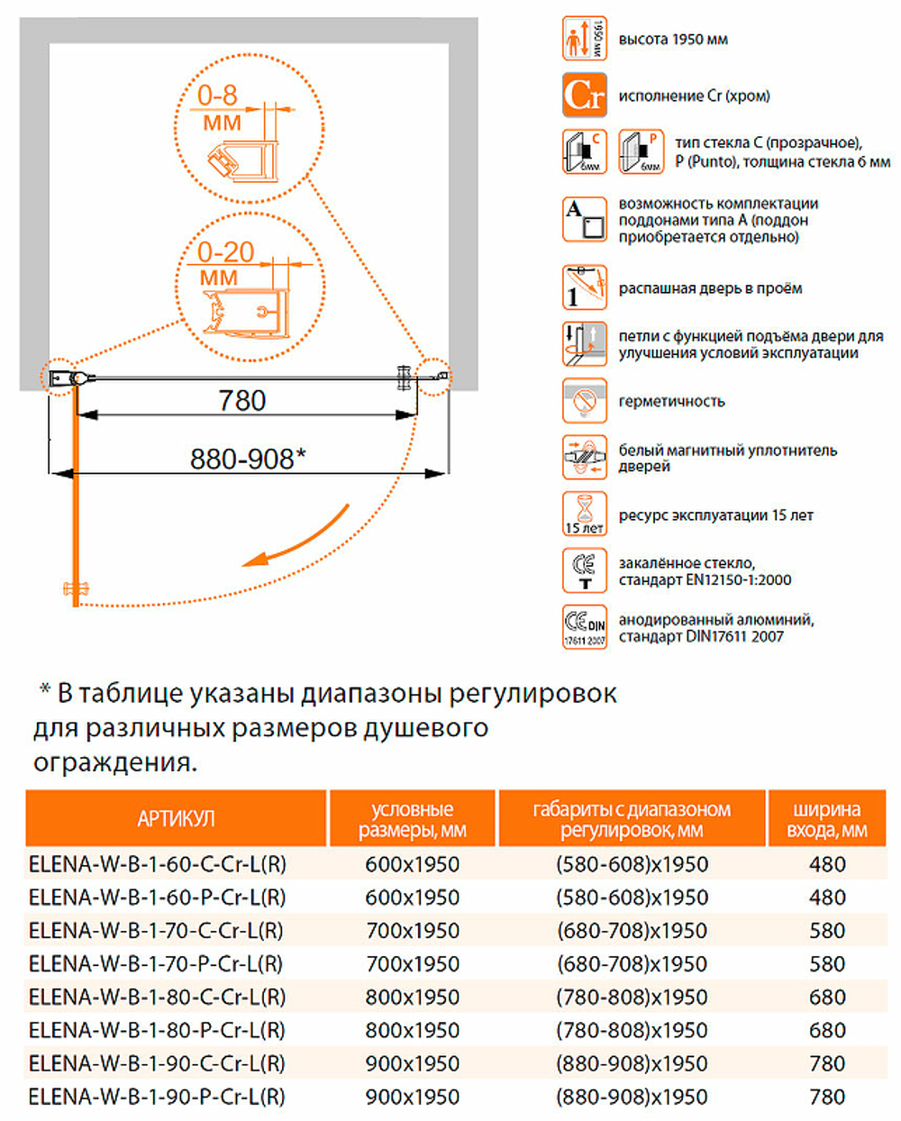 Душевая дверь Cezares Elena 60 ELENA-W-B-1-60-C-Cr профиль Хром стекло прозрачное