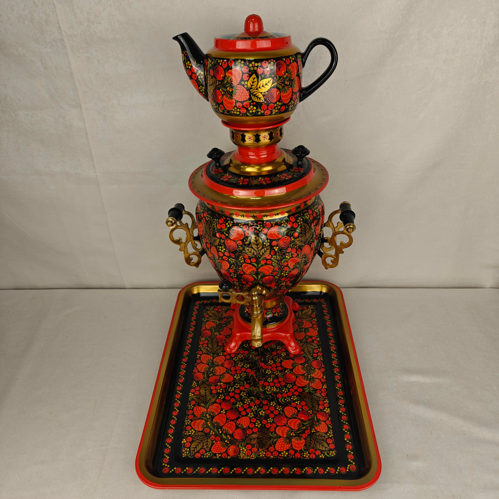 Самовар электрический трехлитровый в наборе с подносом и чайником с художественной росписью «Клубничка хохломская»