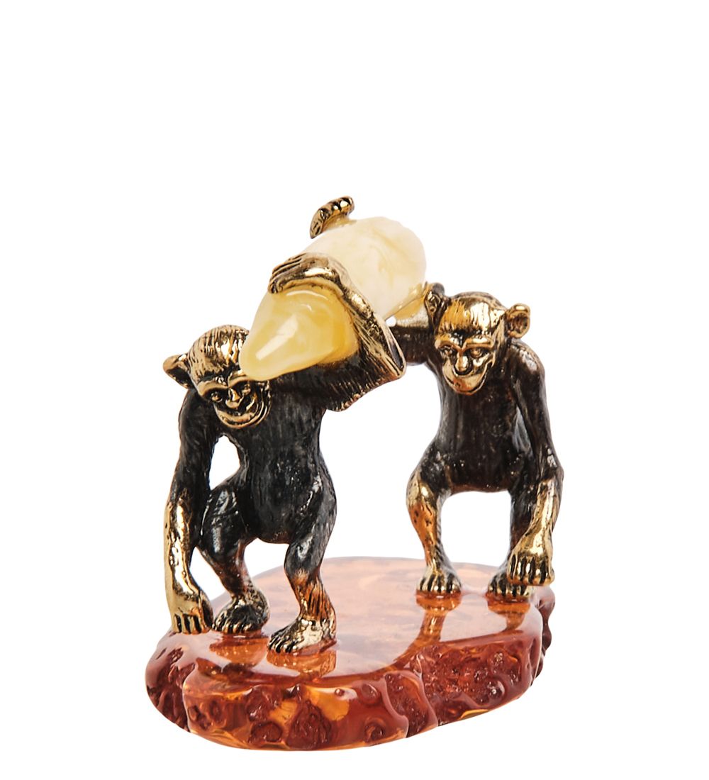 Народные промыслы AM- 487 Фигурка «Обезьяны с бананом» (латунь, янтарь)