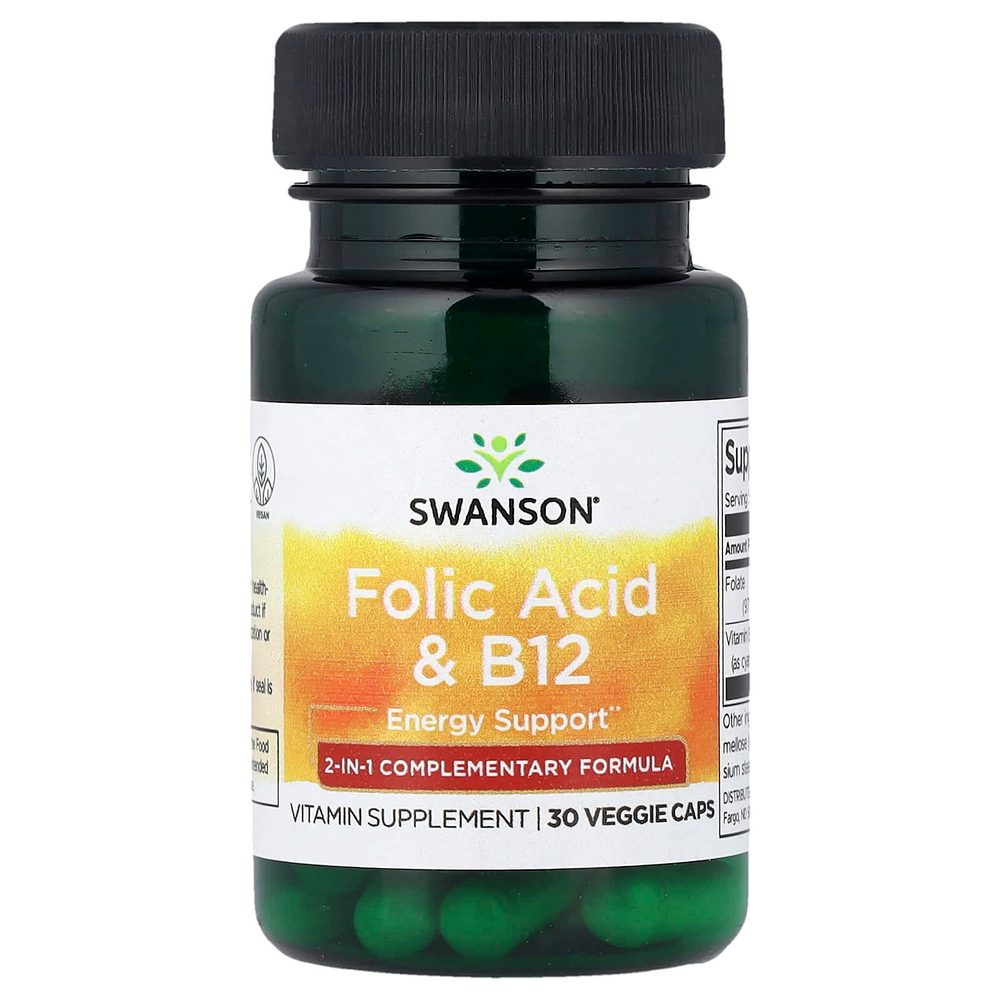 Swanson Vitamins, Фолиевая кислота и витамин B12, 30 растительных капсул