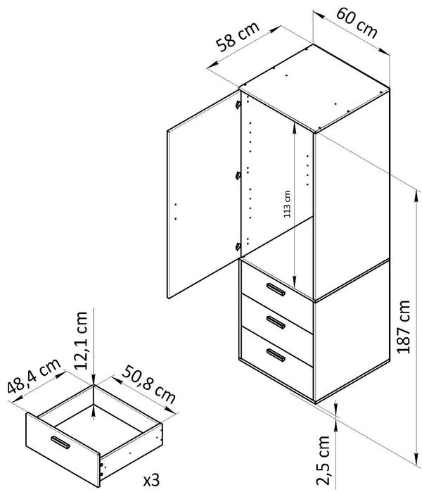 Шкаф для одежды Моби, 1 дверь 3 ящика, 60х58х187 см, с ручками из массива дуба