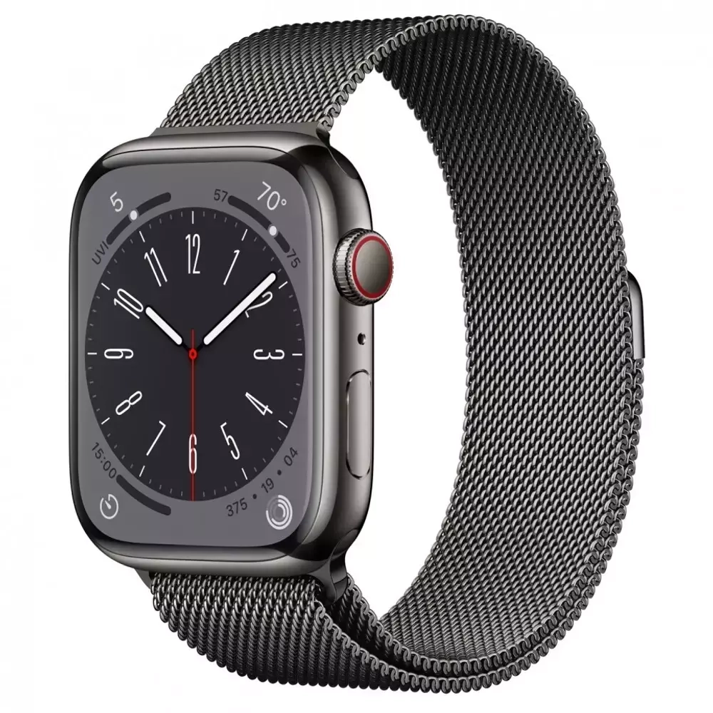 Apple Watch Series 8, 45мм, из стали цвета «графит», миланский сетчатый браслет