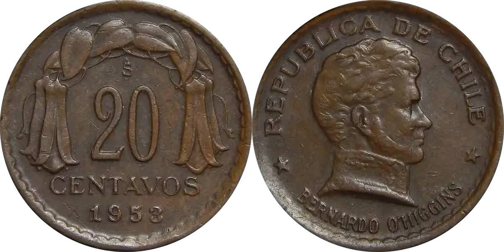 Чили 20 сентаво, 1942 - 1953 Бернардо О’Хиггинс XF