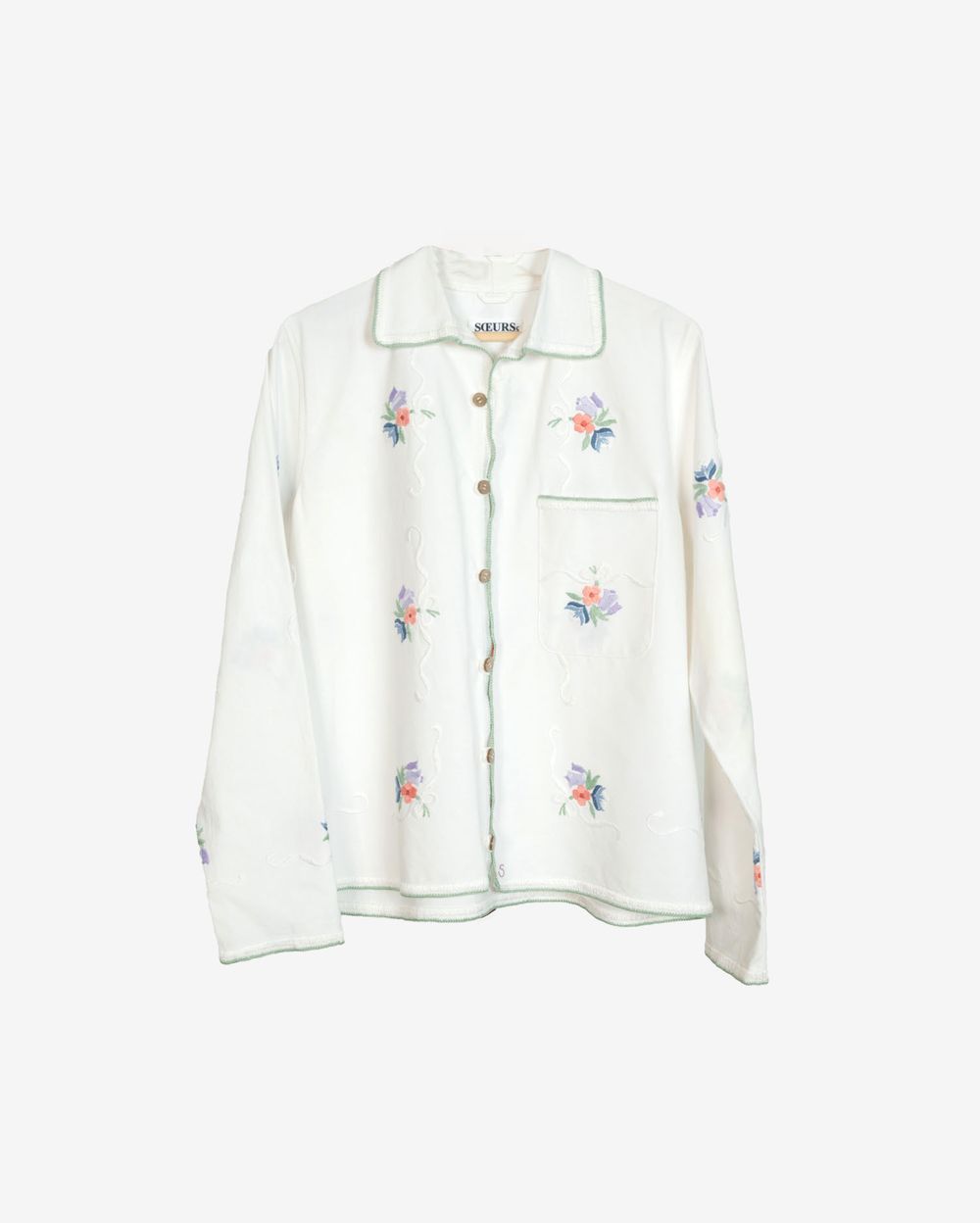 Рубашка Soeurs со Светло-Зеленым Краем / Light Green Hem Long Sleeve белая