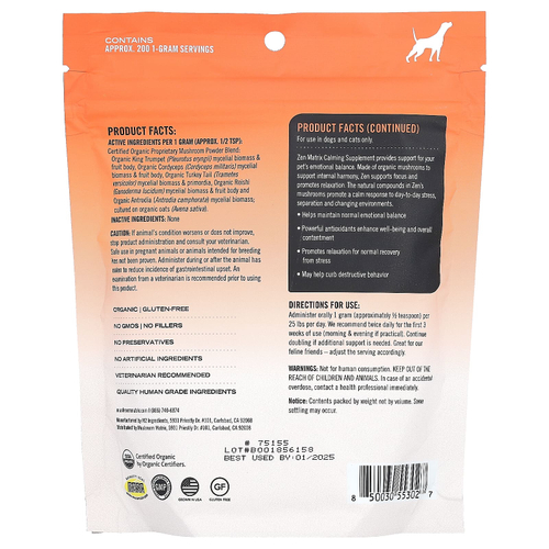 Mushroom Matrix Canine, Zen, сертифицированный органический грибной порошок, для домашних животных, 50 фунтов, для собак и кошек, 200 г (7,1 унции)