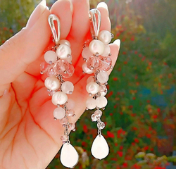 Длинные серьги грозди с розовым кварцем и жемчугом "В ожидании чуда"