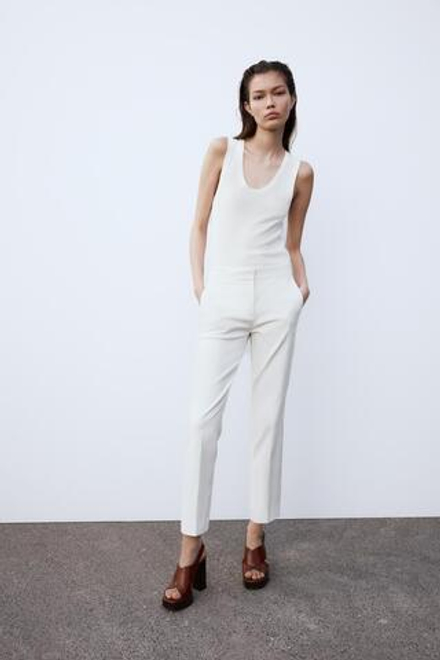 ZARA УКОРОЧЕННЫЕ БРЮКИ ИЗ МЯГКОЙ ТКАНИ, ЖЕЛТОВАТО-БЕЛЫЙ