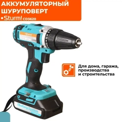Шуруповерт аккумуляторный щеточный 20В, крутящий момент 32Нм, патрон 10мм, аккумулятор 2.0Ач, система 1BatterySystem12V, Sturm!