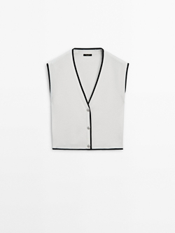 Massimo Dutti Трикотажный жилет с V-образным вырезом, натуральный, кремовый