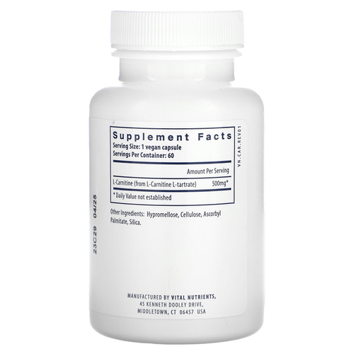 Vital Nutrients, Карнитин, 60 веганских капсул (500 мг на капсулу)