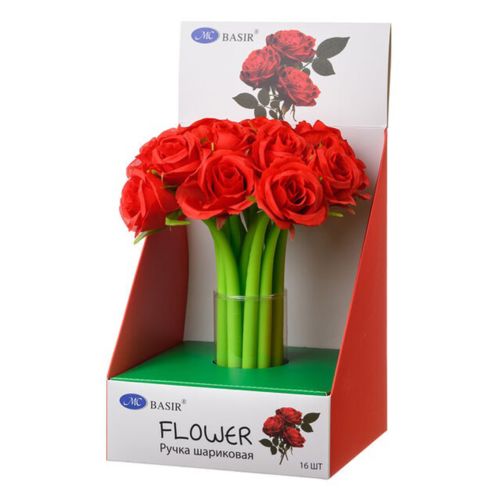 Ручка шариковая, Basir, синие чернила, гибкая, серия "Красная роза", в форме цветка, 16 шт