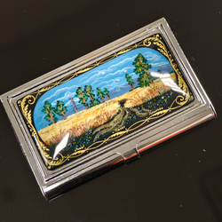 Визитница металлическая персональная "Картина Шишкина" (ручная роспись Палех)