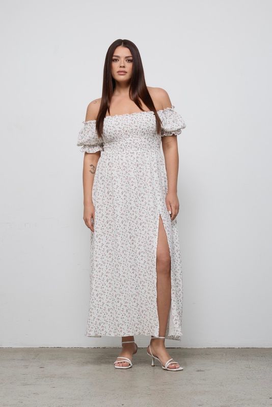 Платье из муслина с открытыми плечами, принт розы