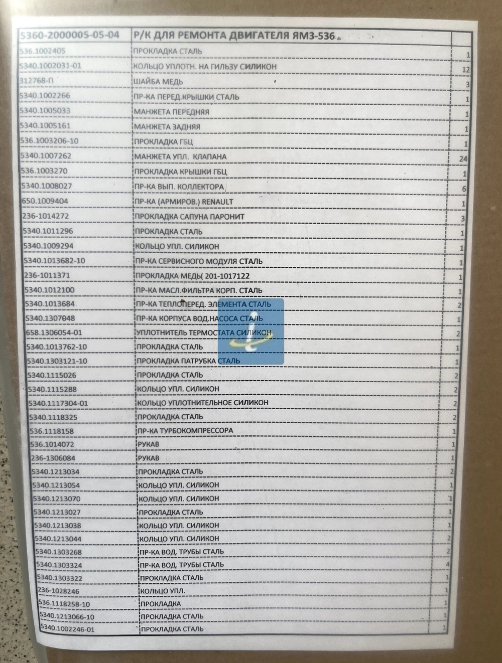 Р/к для ремонта двигателя ЯМЗ 536 (полный) 5360-2000005-05