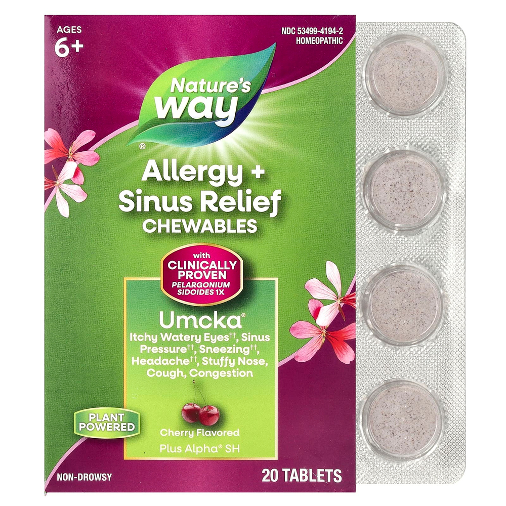 Nature's Way, Umcka®, жевательные таблетки для снятия аллергии и синусита, для детей от 6 лет, вишня, 20 таблеток