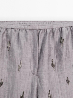 Massimo Dutti Брюки из льняной смеси с вышивкой из бисера, фиолетовый