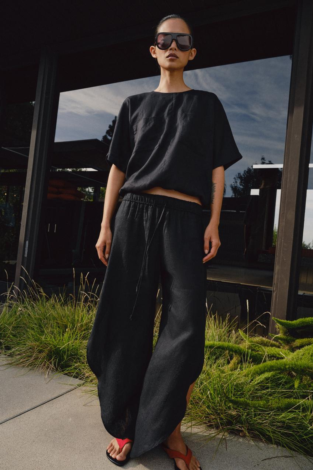 ZARA ЛЬНЯНОЙ ТОП НА ШНУРКАХ — ZW COLLECTION, ЧЕРНЫЙ