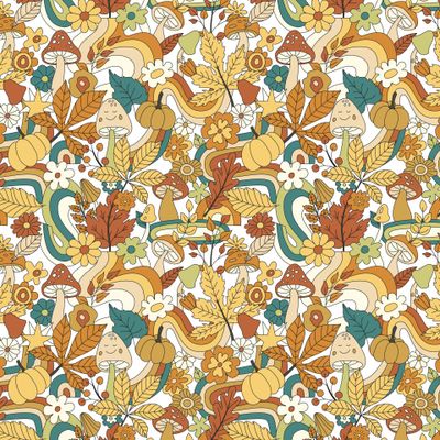 Осенний принт с листьями, радугами и цветами