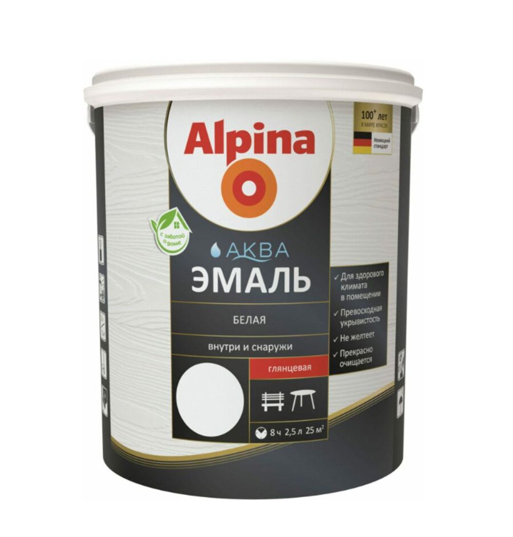 ЭМАЛЬ АКРИЛОВАЯ ВОДНО-ДИСП ALPINA АКВА ЭМАЛЬ БЕЛАЯ ГЛЯНЦ. 2,5Л/3,05КГ