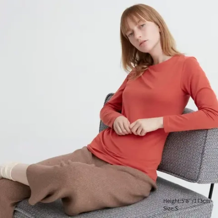UNIQLO ТОП С КРУГЛЫМ ВЫРЕЗОМ И ДЛИННЫМИ РУКАВАМИ, ОРАНЖЕВЫЙ