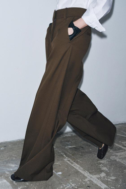 ZARA БРЮКИ С ВЫСОКОЙ ПОСАДКОЙ — ZW COLLECTION, ТЕМНЫЙ ХАКИ