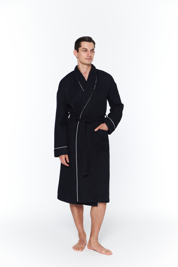 Вафельный халат с кантом черный