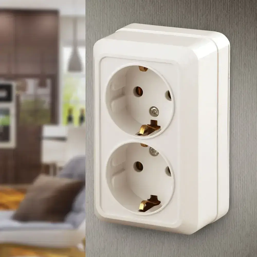 Розетка Intro Quadro 2-204-02 с заземлением двойная 2х2P+E Schuko 16А-250В IP20 открытой установки слоновая кость